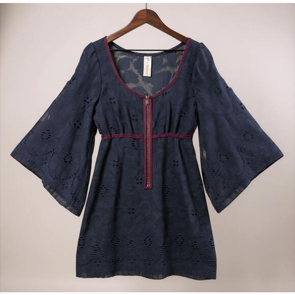 Free People Navy Lace Mini Dress Small Boho Sheer Bell Sleeve Festival Outfit - Picture 1 of 12